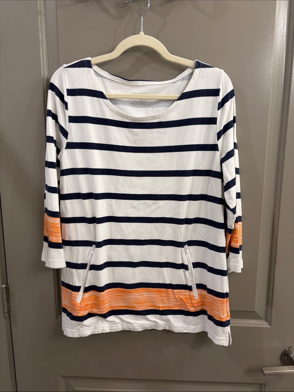 Talbots Navy, White & Orange Striped Scoop-Neck Long Sleeve Top